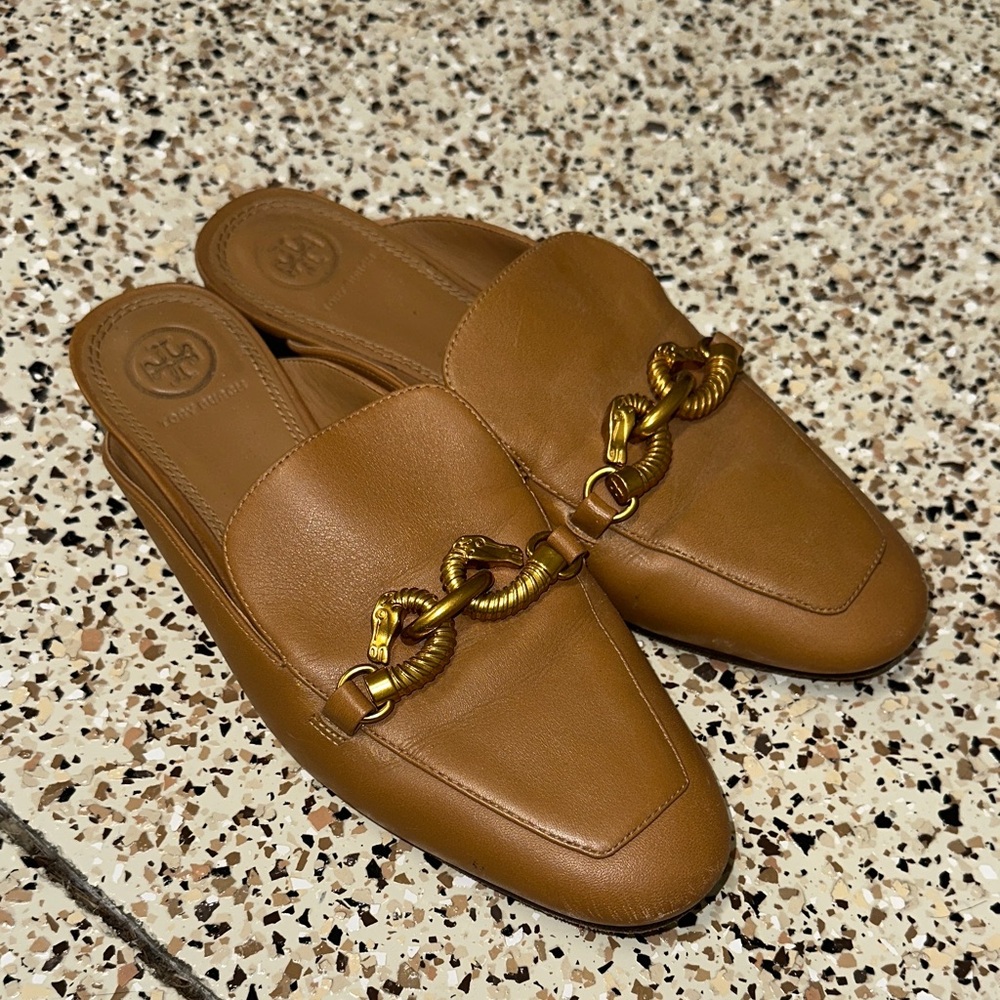 Tory Burch Tan Leather Mules with Gold Accent